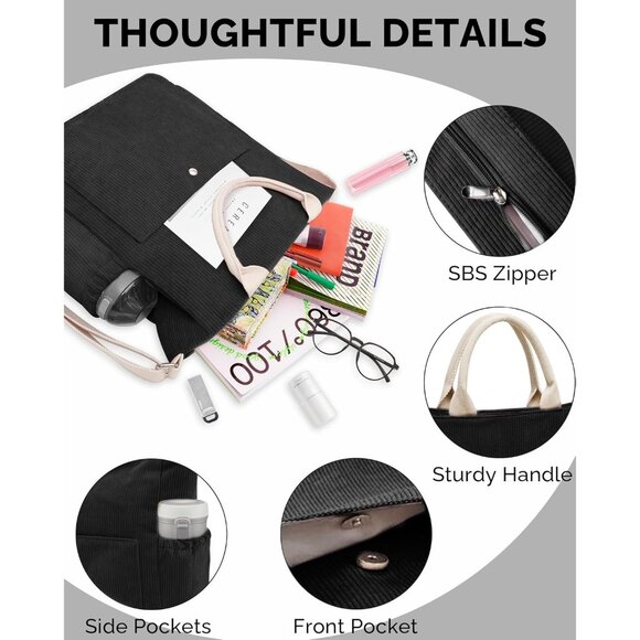 Prite Women Black Corduroy Large Hobo Shoulder Crossbody Tote Bag With Pockets - Picture 5 of 6